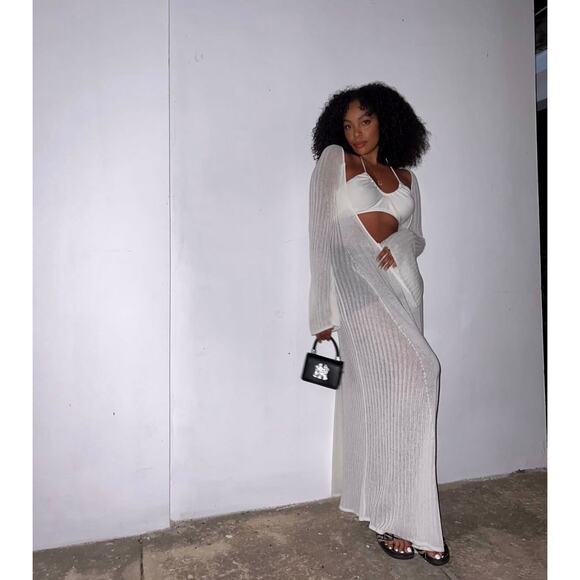 LPA Jorryn Revolve Crochet Bell Sleeves Knit Maxi Dress Coverup Cream White XS - Picture 2 of 14